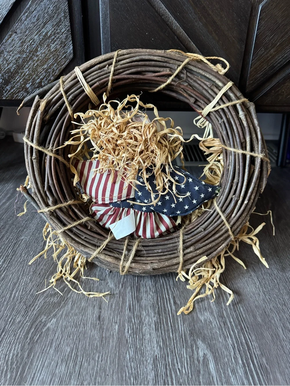 Vintage Folk Art American Doll Door Wreath Stars & Stripes Home Decor Classic